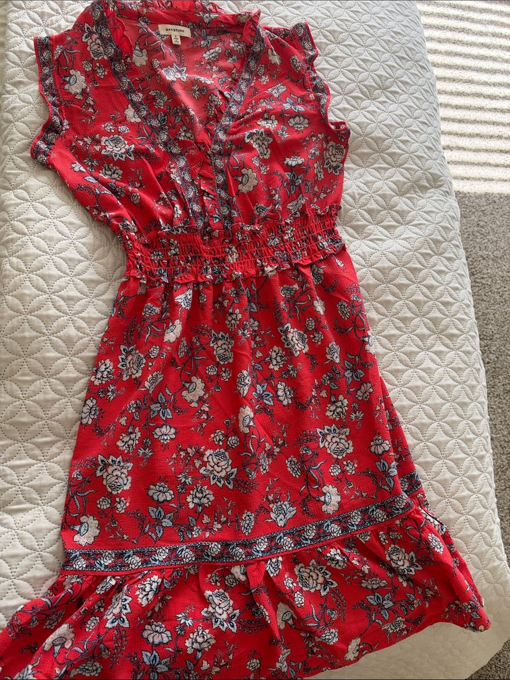 Max Studio Red Floral V-Neck Midi Dress